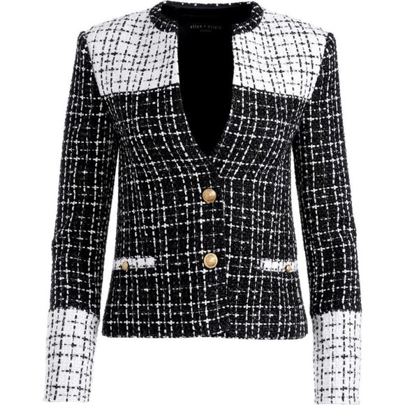 Alice + Olivia Jaydn Combination Tweed Button Jacket Black White Gold 0 - Picture 2 of 6